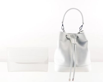 Handmade leather shoulder bag in white, pebble grained | purse NETTA x bucket bag SOPHIE | Wedding bag, Mother's day gift | Ethically made