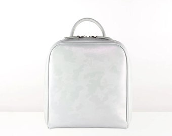 Handmade leather backpack JOE small in white iridescent camoflauge saffiano crossprint | Urban backpack, kids mini backpack | Ethically made