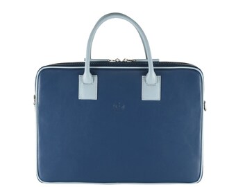 Handmade leather briefcase DAN in blue, light blue | Unisex business bag, laptop bag, work bag for men | Ethically made
