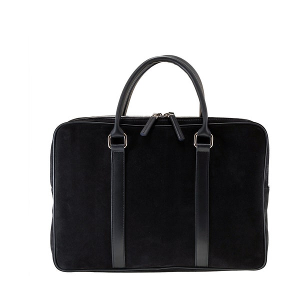 Handmade leather business bag DENIS 3-part in black, suede nubuck | Mens briefcase, overnight bag, bespoke weekender | Ethically made
