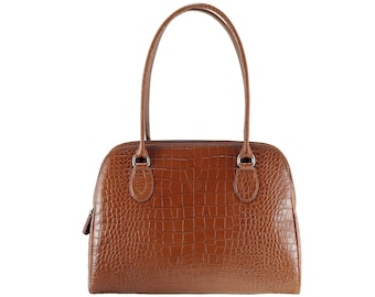 Handmade leather shoulder bag VALERIE tote in cognac tan brown, croc croco crocodile alligator e. | Business bag, work bag | Ethically made
