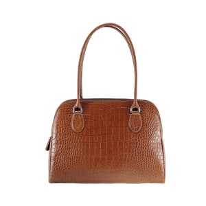 Handmade leather shoulder bag VALERIE tote in cognac tan brown, croc croco crocodile alligator e. | Business bag, work bag | Ethically made