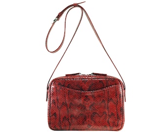 Handmade leather crossbody bag MARA in red burgundy, python snake, patent | Womens everyday bag, gift for Mom | Ethically made