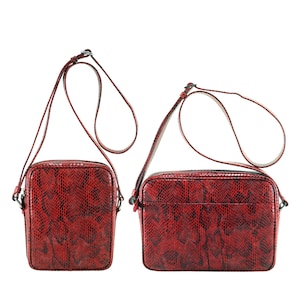 Può includere: Due borse a tracolla in pelle di serpente rossa con cinturini regolabili. Le borse hanno una chiusura a lembo e una piccola tasca sul davanti.