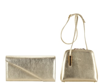 Handmade leather evening bag in metallic gold | clutch BORA x crossbody GABRIELLA | Wedding bag bridesmaid bag, stage purse | Ethically made