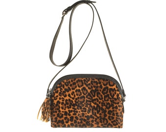 Handmade leather crossbody bag RENA in leopard pony hair, black brown | Womens evening bag | Ethically made