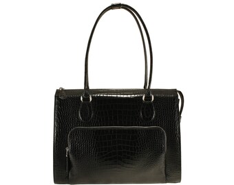 Handmade leather womens tote bag VAL in black croc | Business bag, laptop bag, everyday bag, timeless gift for her | Ethically made