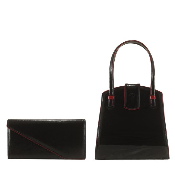 Borsa da sera in pelle fatta a mano in vernice nera / pochette BORA x maniglia superiore MARLA con profili rossi / Borsa da sposa, stile elegante / Realizzata eticamente