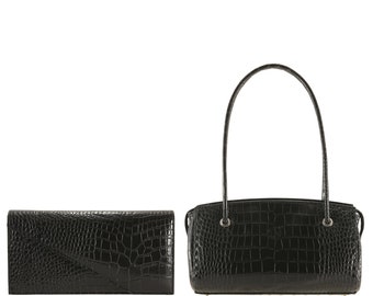 Handmade leather evening bag in black croc | clutch BORA x shoulder bag GILA | Wedding bag, structured bag - elegant style | Ethically made
