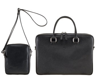 Handmade leather mens bag in black, saffiano crossprint | crossbody TEGE x briefcase DAN | Unisex laptop bag, mens gift | Ethically made