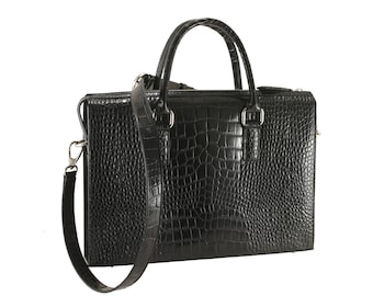 Handmade leather briefcase ABAD in black, croc croco alligator | Unisex business bag, laptop bag, everyday work bag | Ethically made