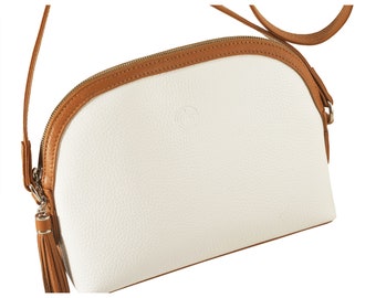 Handmade leather saddle bag RENA in white, tan brown, pebble grained | Womens evening bag | Ethically made