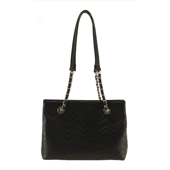 Handmade Leather Tote Bag Gianna Small in Black Quilted Womens Everyday Bag Timeless Shoulder Bag Chain Strap Bag Ethically Made
