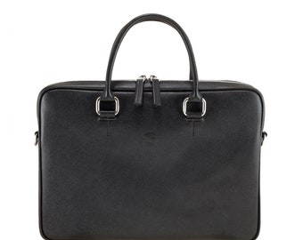 Handgefertigte Herrentasche aus Leder in Schwarz, Saffiano