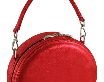 Handmade leather trunk bag ANN-Marie in metallic red | Womens top handle, circle tote, bridesmaid bag - Valentines Day gift | Ethically made