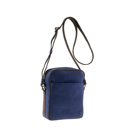 Handmade Leather Crossbody Bag in Navy Blue Nubuck Suede Mara Large x TEGE Small W. Brown Mens Body Bag Travel Bag Ethically Made