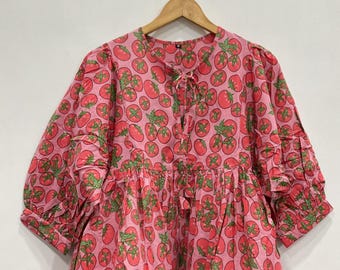 Tomate Blumen Bedrucktes Baumwoll Kleid: Hand Block Mini Midi Kleid