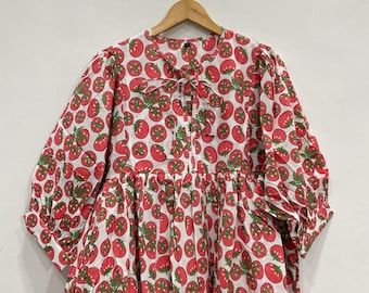 Hand Block Cotton Dress: Red Tomato Print, Ethnic Summer Style