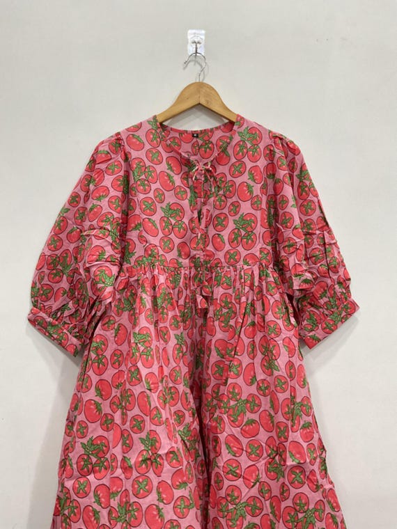 Floral Tomato Printed Cotton Dress: Hand Block Mini Midi Dress