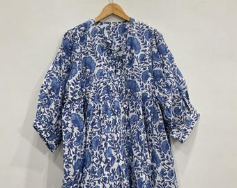 Blue Flower Hand Block Print Cotton Dress: Boho Dress