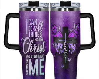 Christian 40oz Tumbler with Handle Scripture Butterfly Coffee Mug Philippians 4 13 Faith Cross Cup Purple Starry Sky Religious Women Gift