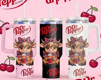 Cute Highland Cow Tumbler 40oz with Handle, Cherry Soda Pop Travel Mug, Fluffy Cow Bow Tie Cup, Coquette Western Aesthetic Cow Lover Gift