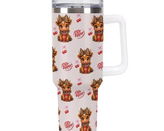 Cute Highland Cow 40oz Tumbler with Handle | Retro Soda Inspired Cherry Coquette Travel Mug | Pink Leopard Bow Cow Graphic Aesthetic Cup