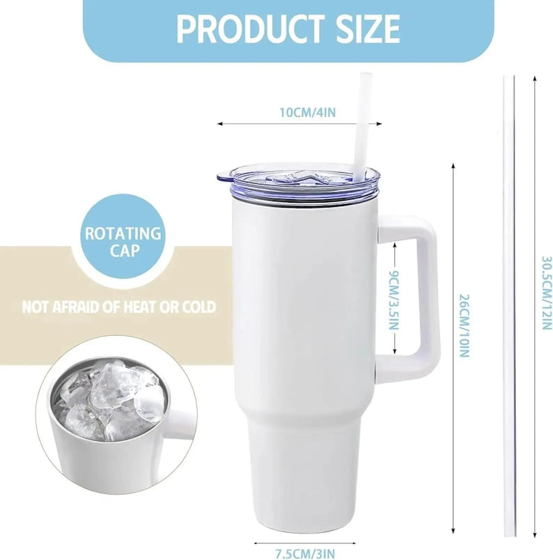 Puede incluir: Vaso t&eacute;rmico blanco con asa, tapa transparente y pajita. El vaso mide 26 cm de alto y 7,5 cm de ancho. El texto "PRODUCT SIZE", "ROTATING CAP" y "NOT AFRAID OF HEAT OR COLD" son visibles.