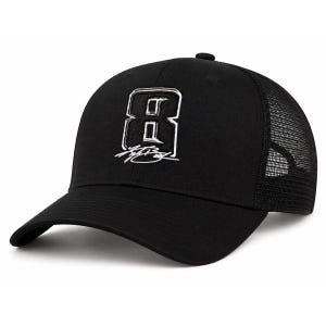 May include: Black trucker hat with a white outlined number "8" and signature logo on the front. The hat features a curved brim and a mesh back for breathability. A classic baseball cap style.