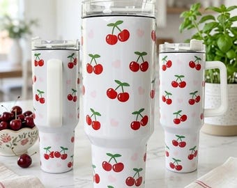 Cute Cherry Pattern 40oz Tumbler with Handle | Pastel Pink Heart Coquette Travel Mug | Aesthetic Summer Iced Coffee Stainless Steel Cup