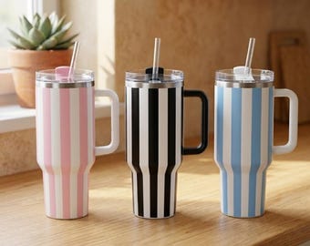 Striped Tumbler 40oz with Handle, Aesthetic Pastel Vertical Stripes Travel Mug, Cute Stainless Steel Coffee Cup, Retro Birthday Gift for Her