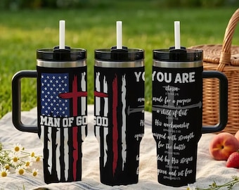 Man of God Christian Tumbler 40oz with Handle, Patriotic American Flag Cross Stainless Steel Travel Mug, Religious Scripture Gift for Him