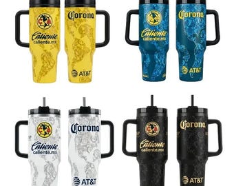 Vaso térmico de fútbol de 1,2 litros con asa, colección de tazas de viaje con los colores del equipo: amarillo, azul, negro y blanco. Paquete de regalo con taza de acero inoxidable aislada.