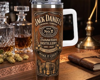 Vintage Whiskey Inspired 40oz Tumbler with Handle | Retro Tennessee Distillery Wood Grain Travel Mug | Old No 7 Style Man Cave Gift for Him