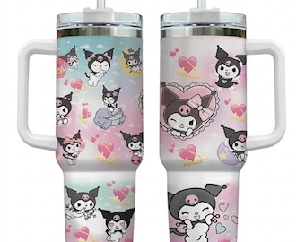 Vaso de 1,2 litros con asa y diseño de bufón de anime, taza de viaje kawaii rosa pastel y morada, taza de café gótica, regalo de cumpleaños para chica gamer.