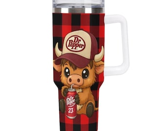 Highland Cow Soda Tumbler 40oz with Handle,Cute Cow Drinking Diet Coke Dr Pepper Mtn Dew, Western Plaid Checkered Travel Mug,Soda Lover Gift