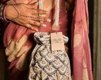 HoShe Luxury Pearl Potli Bag | Ivory Beaded Bridal Purse, Indian Ethnic Clutch