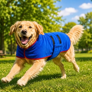Peut inclure: Un chien au pelage doré courant sur une pelouse tout en portant un manteau en polaire bleu vif. Le manteau présente un liseré rouge contrastant sur les bords et comprend des bandes auto-agrippantes noires fixées sur le côté du torse.
