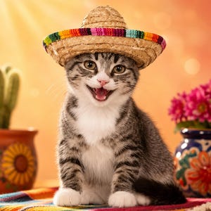 May include: A tabby kitten wearing a small straw sombrero with a colourful striped brim. The kitten is sitting on a vibrant, striped blanket, with a smiling expression. Decorative pots and flowers are in the background.