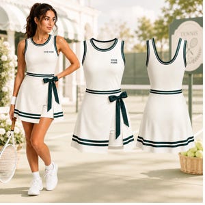 Peut inclure: Une robe de sport blanche avec des bordures vert foncé sur l'encolure, la taille et l'ourlet. La robe présente une jupe portefeuille avec un lien vert foncé à la taille et le texte "YOUR NAME" imprimé en noir sur la poitrine gauche.