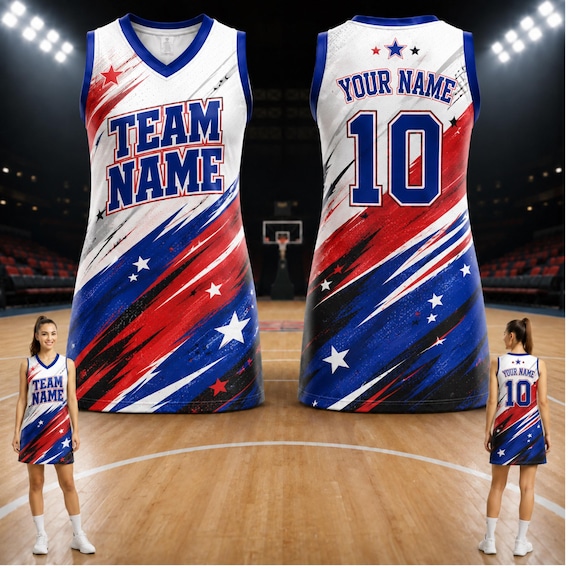 personalized jersey dress Custom Basketball Dress, Team Name Number, Red Blue Sports Outfit y2k jersey dress 2000s outfit
