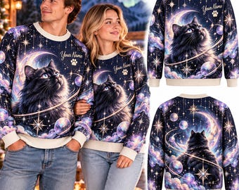 Suéter personalizado de gato negro celestial, suéter de punto de gato lunar con nombre personalizado, regalo a juego para parejas amantes de los gatos