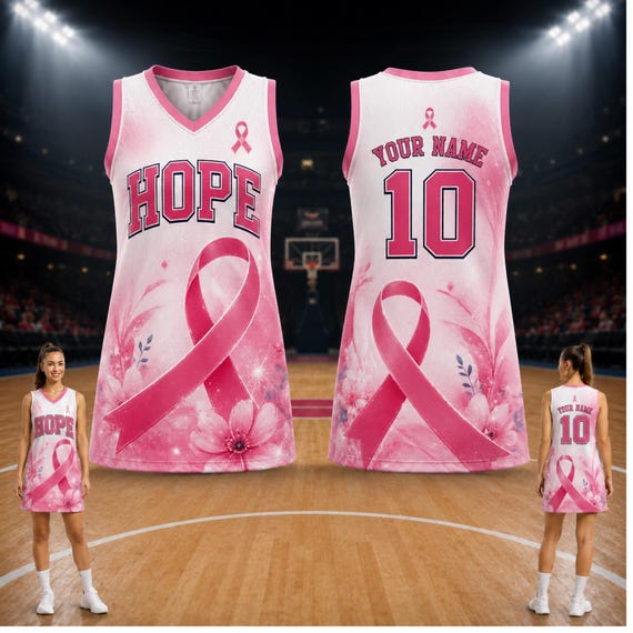 pink jersey dress basketball Personalized Ribbon Dress, Custom Name Number Dress, Hope Awareness Sports Outfit wedding guest dresses 2022