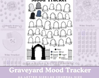 Tracker dell'umore al cimitero - Pagina da colorare spettrale - Tracker gotico della salute mentale - Tracker dell'umore giornaliero - Pagina di diario stampabile