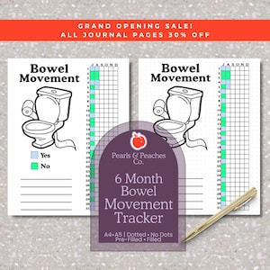 May include: A printable bowel movement tracker journal page featuring a black and white line drawing of a toilet, a grid for dates 1-31, and columns for months J, A, S, O, N, D. Includes a colour-coded legend with light blue for Yes and green for No.