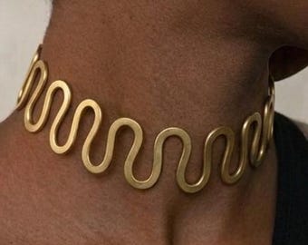Wavy Choker Necklace and Bracelet Set, Minimal Modern Boho Brass Jewellery