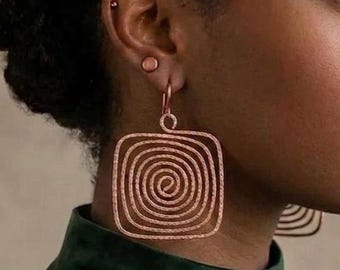 Handmade Brass Copper Geometric Spiral Dangle Earrings – Boho Tribal Statement Jewellery