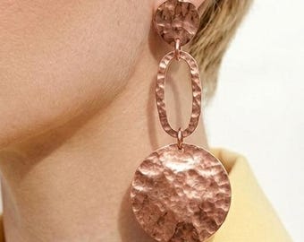 Handmade Large Copper Brass Disc Statement Dangler Earrings, Boho Tribal Jewelry/Healing, Aura Elevating