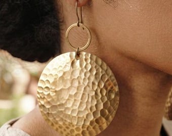Hammered Brass or Copper Statement Disc Earrings – Minimalist Boho Aura Jewelry