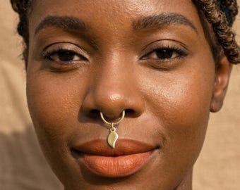 Boho Tribal Leaf Septum Ring, Copper Brass Nose Jewelry, Handmade Ethnic Accessory